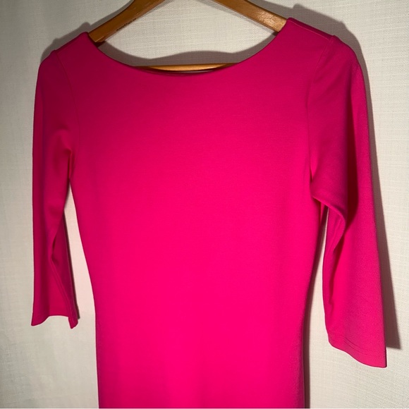 Amanda Uprichard Fuchsia Pink 3/4 Sleeve V-Back Stretch Fitted Dress Size Medium - Picture 3 of 12
